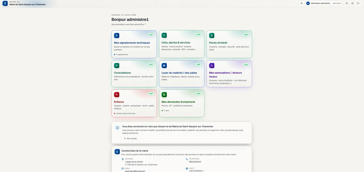 Vision Pro Collectivité — residents' area, town hall services dashboard