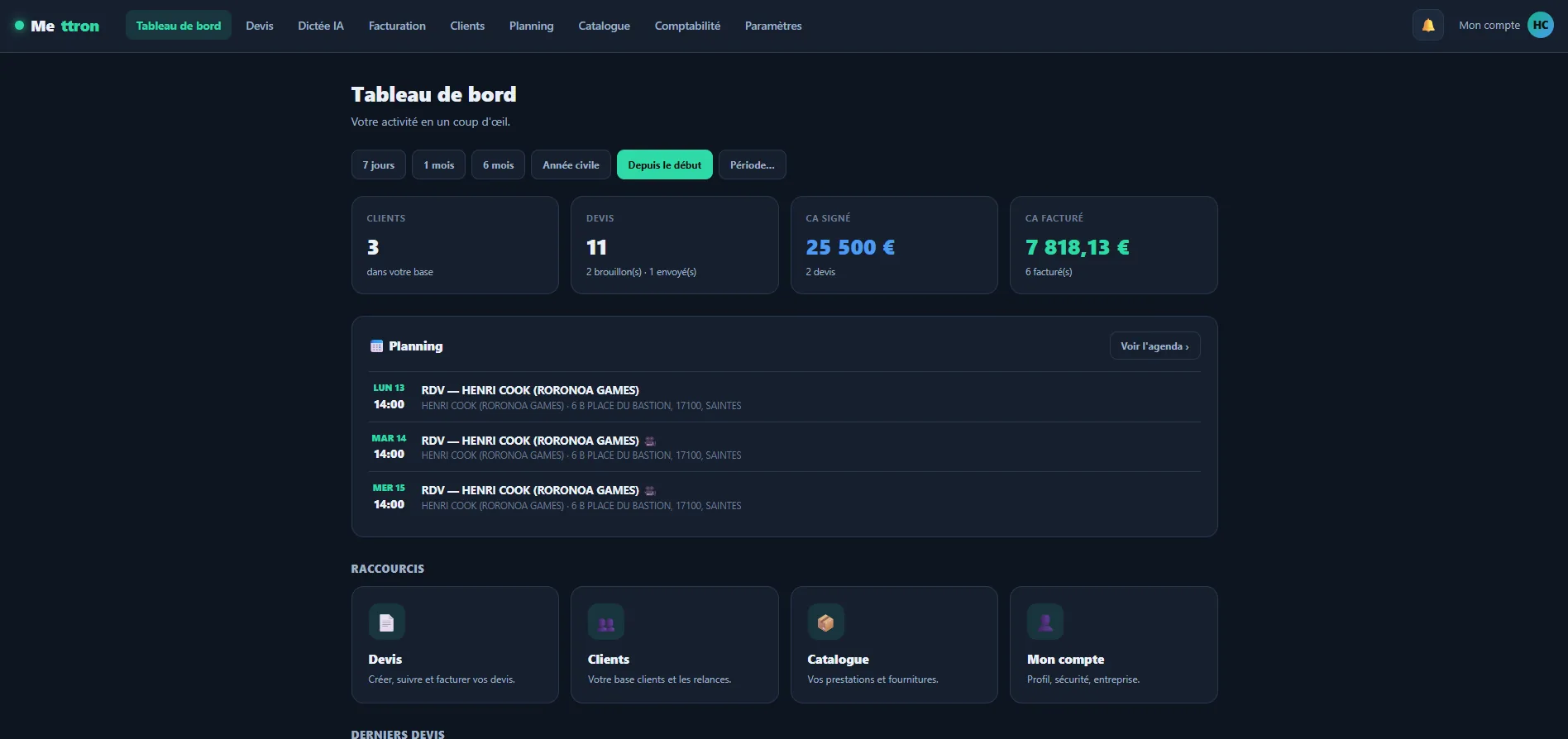 Mettron app — quotes, invoicing and CRM dashboard