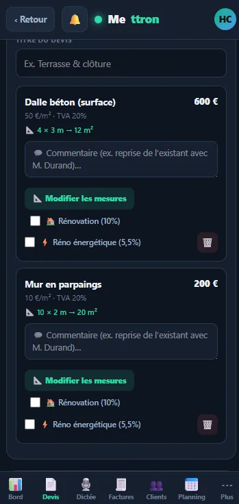 Devis — mesures et calcul automatique (mobile)