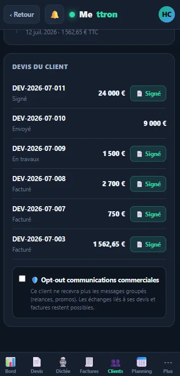 Devis du client — statuts signé, envoyé, facturé (mobile)
