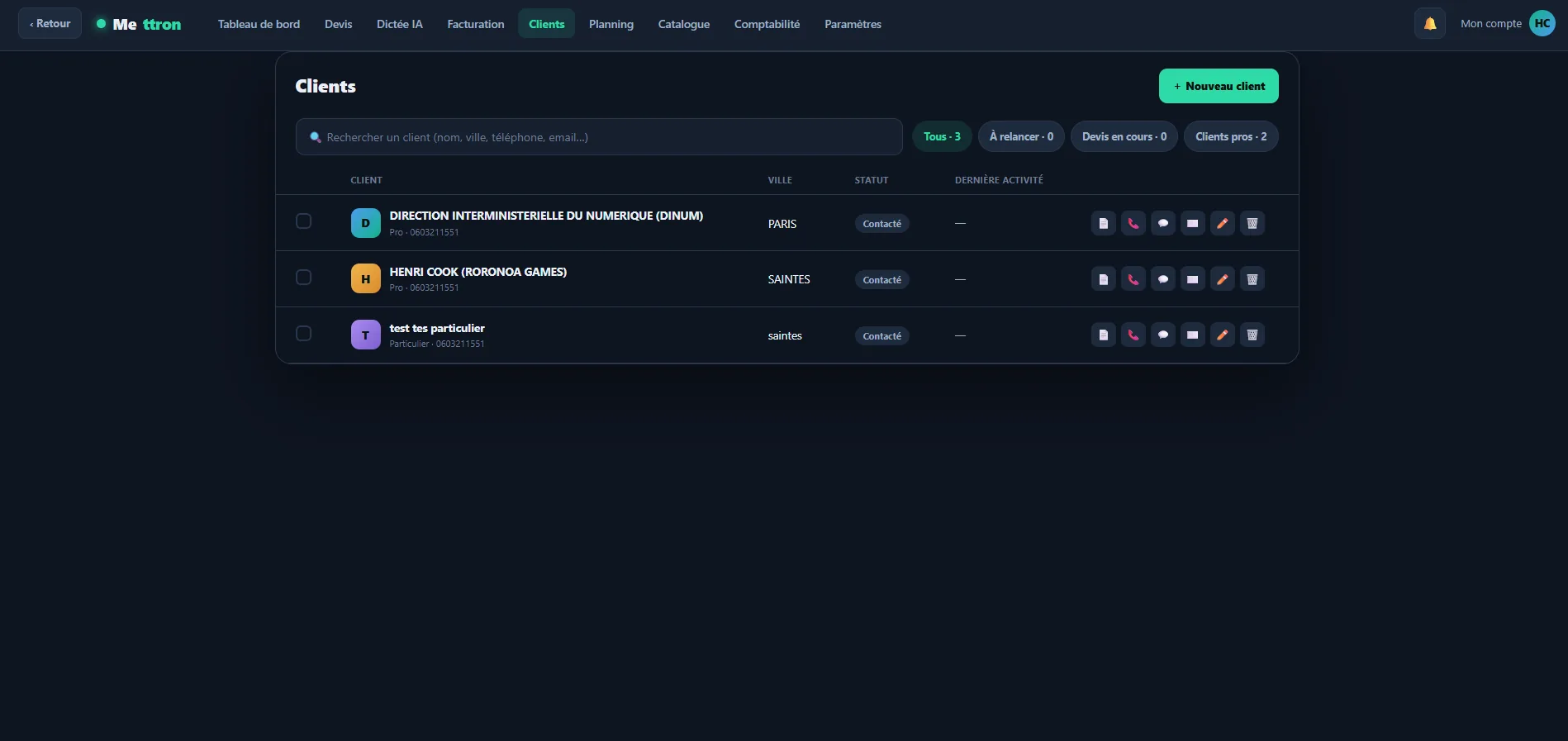 Base clients — recherche, filtres et actions rapides