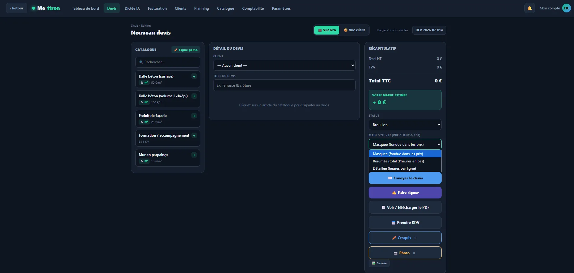 Logiciel de devis pour artisan: écran d'édition avec calcul automatique, marge estimée et vue Pro / vue client