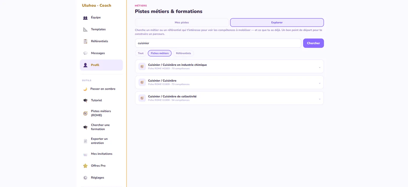 Pistes métiers & formations — recherche dans le référentiel ROME