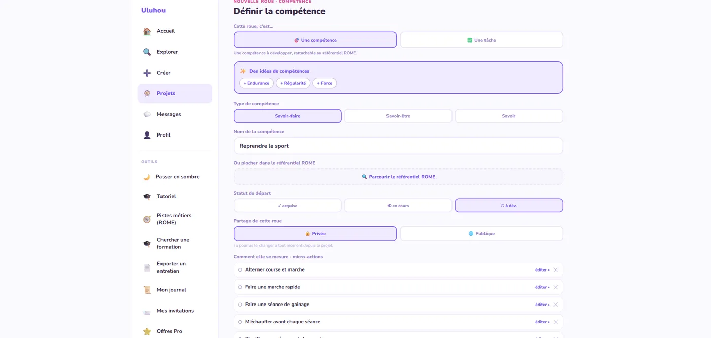 Définir la compétence — type, statut et micro-actions