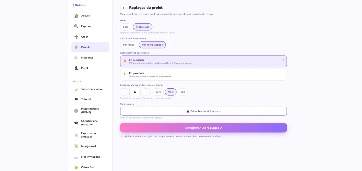 Réglages du projet — mode, avancement, échéance, participants