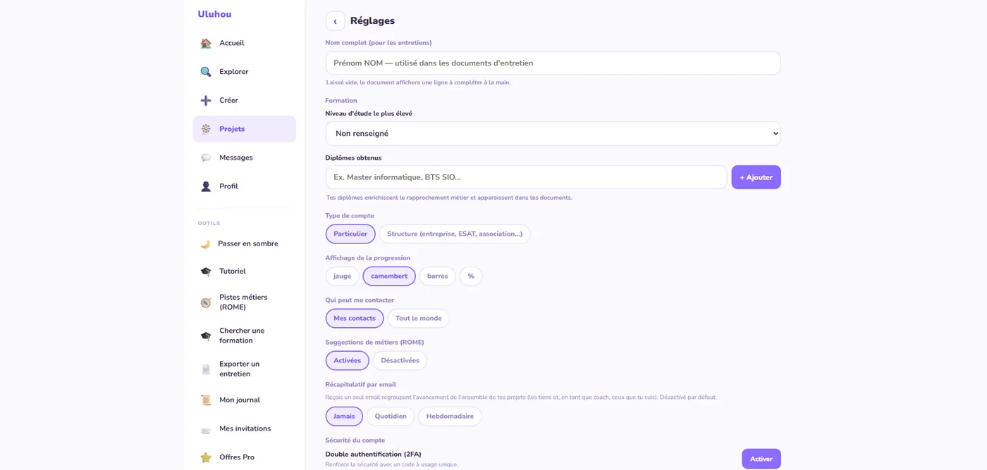 Profil & préférences — thème, palette, connexion